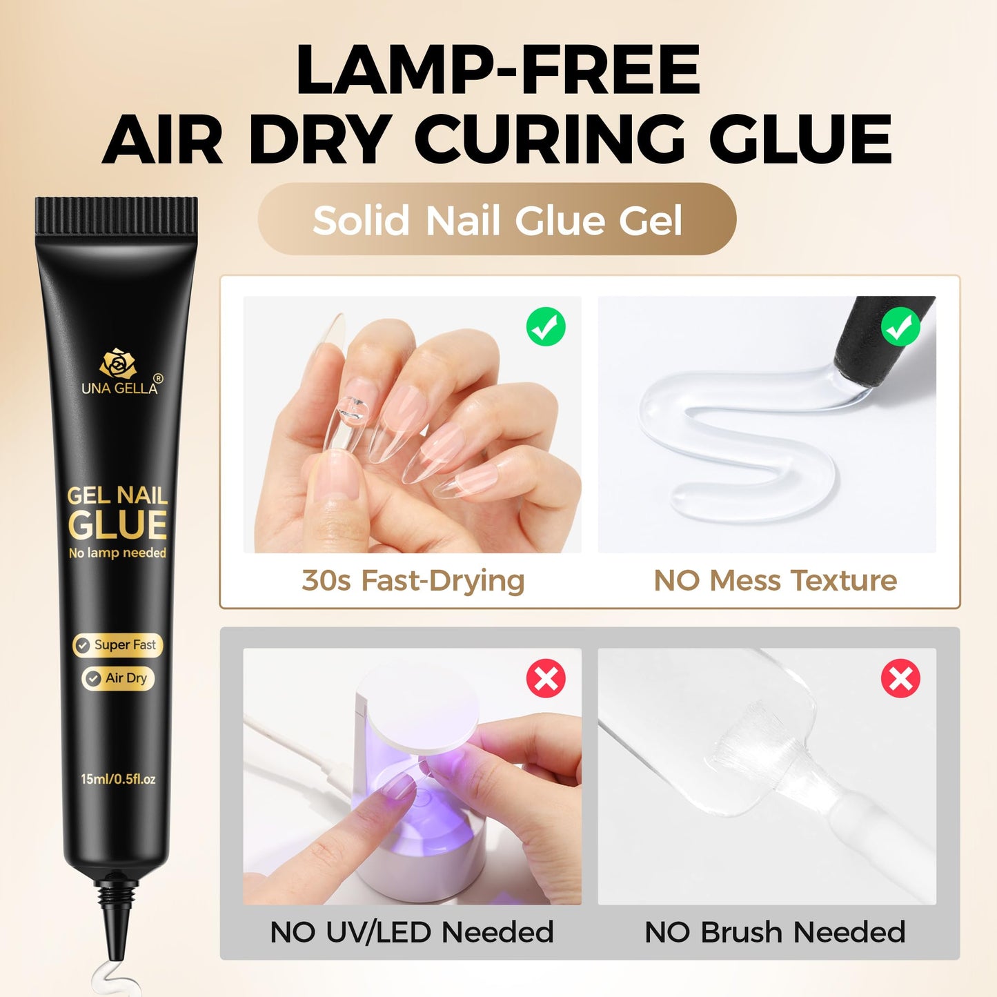 UNA GELLA Nail Glue Strong Gel No U V, 15g*2pcs Nail Glue for Press Ons No Lamp Needed, Quick Dry Semi Solid Nail G LUE, Super Strong Gel glue for Nails Long Lasting Extension DIY Kit