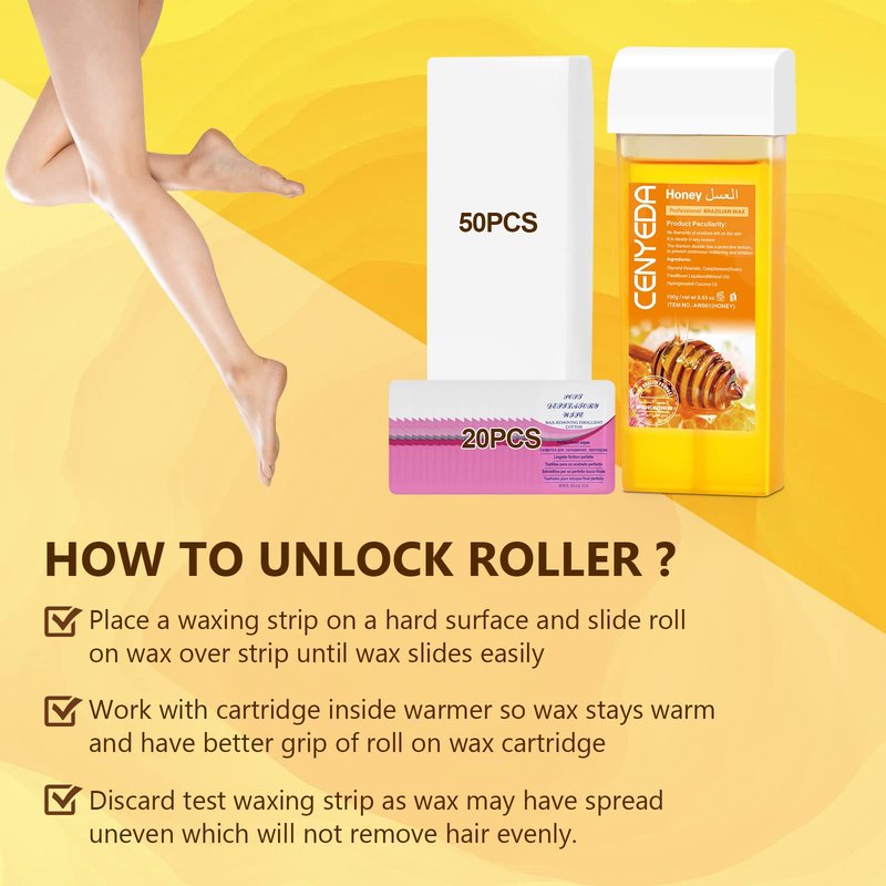 CENYEDA Roll On Wax Kit - Hair Removal Cartridges, 4 Pack Honey Rollers With 50 Strips and 20 After-Wax Treatment Wipes