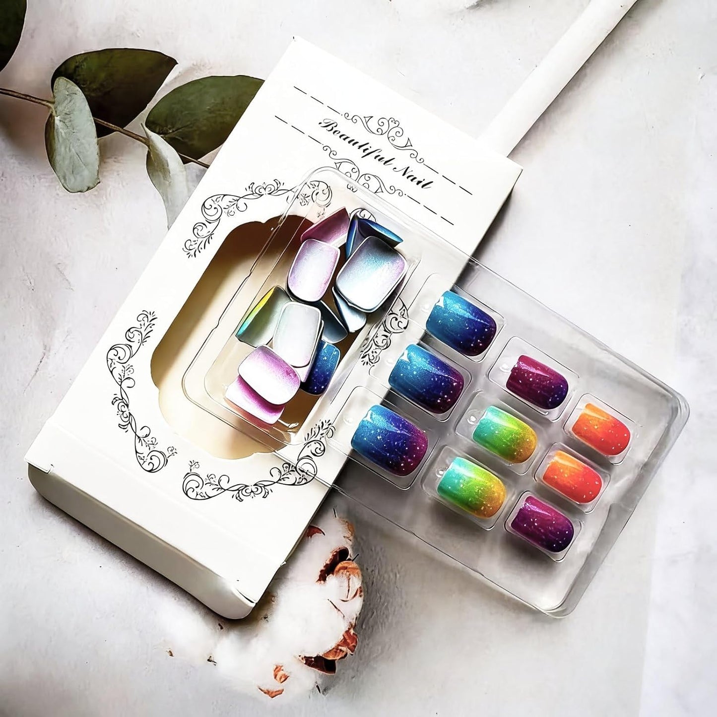 Colorful Press-On Nails - Short Square Acrylic Nails with Gradient Rainbow & White Dots | Full Cover DIY Manicure