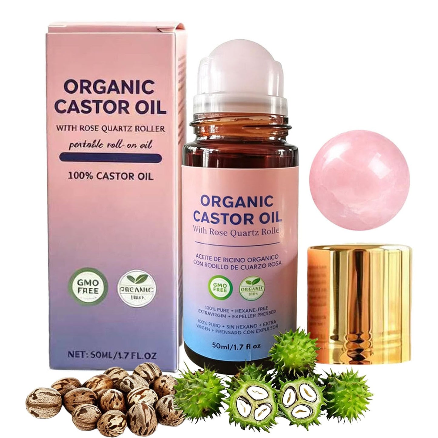 Organic Castor Oil with Rose Quartz Roller Ball, 100% Castor Oil Organic Cold Pressed for Hair, Face & Body Skin Moisturizing Care, Hexane-Free. 1.7 Fl Oz