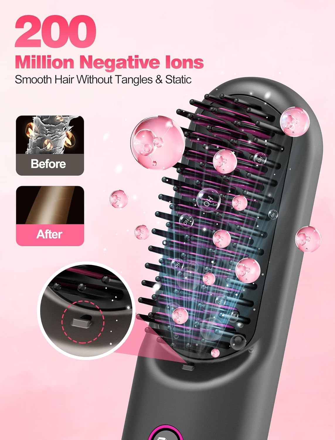 Cordless Hair Straightener Brush - Go Brush Pro for Short Hair | 20M Negative Ions, Fast Heat, 12 Temp Settings, Grey