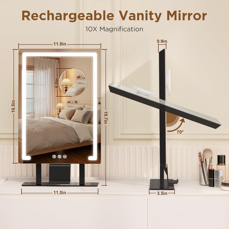 Vanity Mirror with Lights - 3 Color Modes & 10x Magnification | Rechargeable Makeup Mirror with Smart Touch Control & Phone Holder