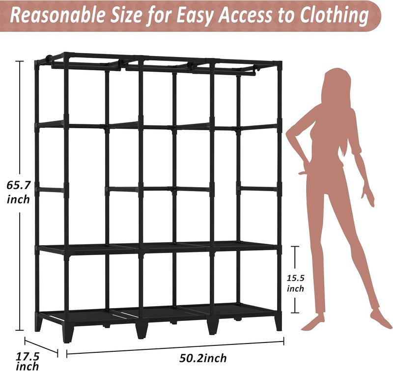 Large Capacity Portable Wardrobe Closet - Easy Assembly, Black | 3 Hanging Rods, 6 Shelves, 8 Pockets