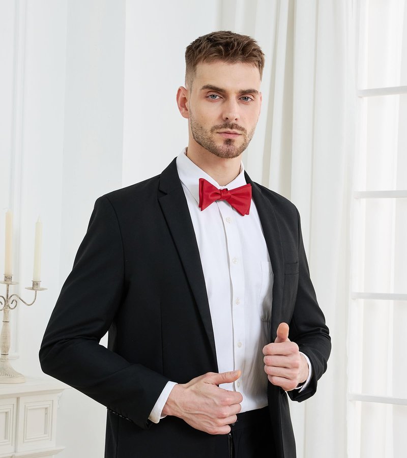 PenSee Mens Self Bow Tie Solid Red Jacquard Woven Silk Bow Ties