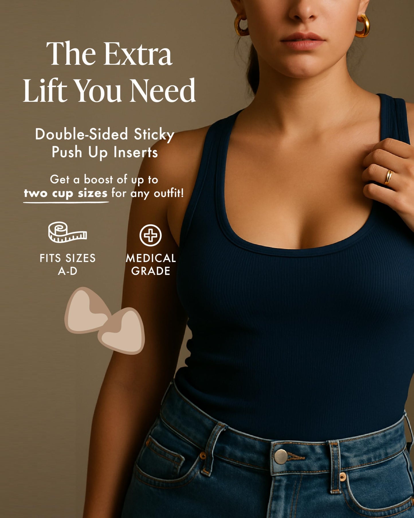 Bare Babe Sticky Push Up Inserts, Double Sided Sticky Bra Inserts, Adhesive Bra Pads, Sticky Bra Lift, Push Up for Bikini (Honey, Large)