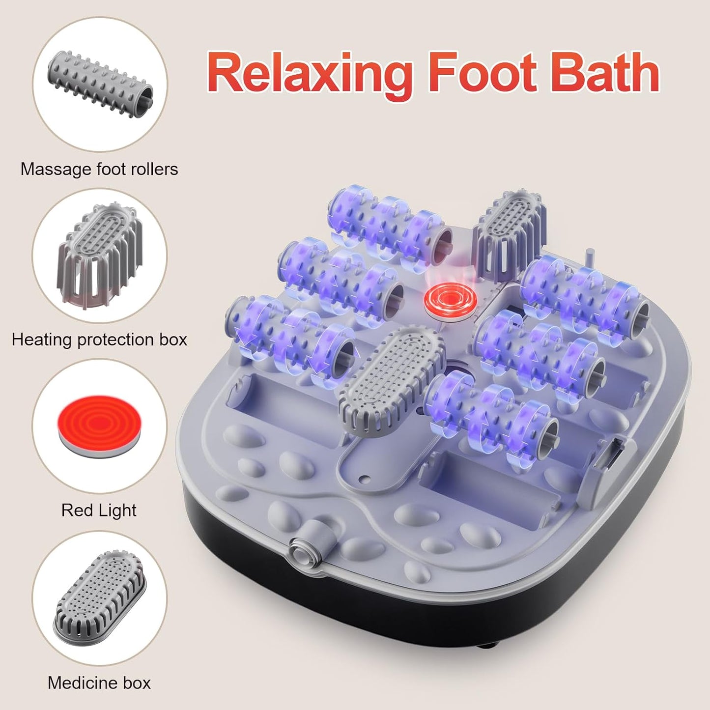 Collapsible Foot Spa Bath - Heated Foot Massager with Bubbles, Timer & Red Light | Deep Black