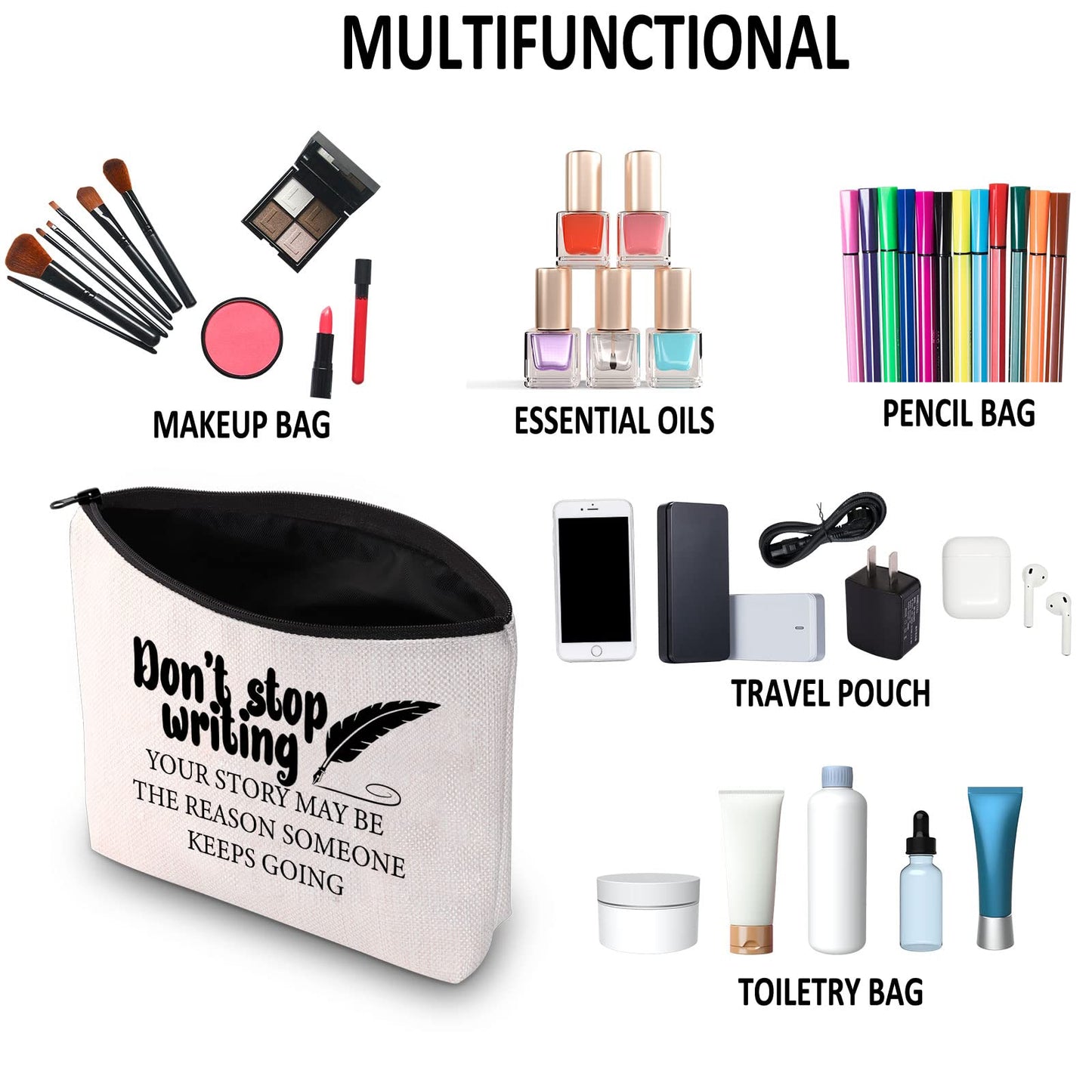 G2TUP Creative Writer Gift Don’t Stop Writing Makeup Bag Future Author Cosmetic Bag Novelist Gift Writer Appreciation Gift Zipper Travel Bag