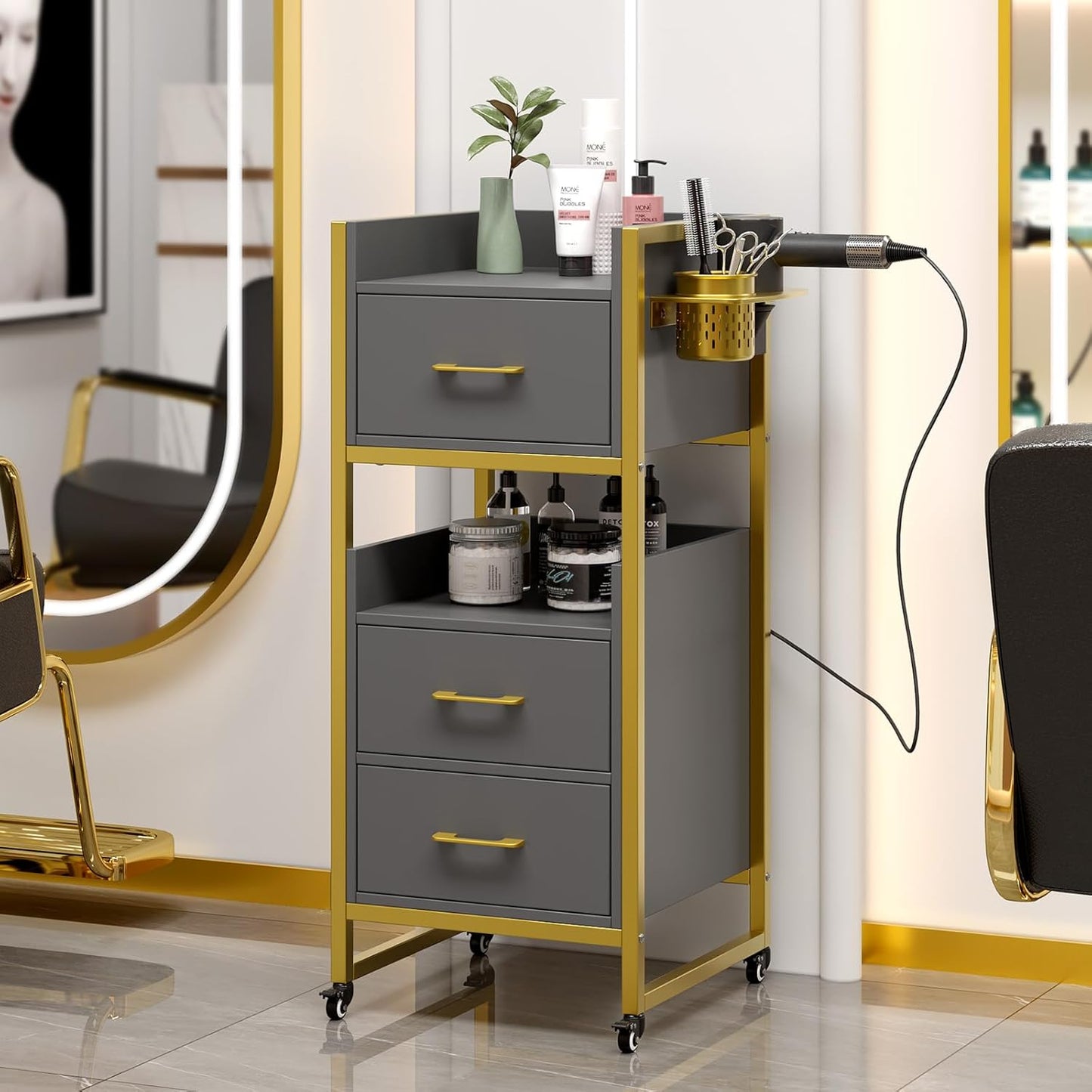 OmySalon Salon Trolley Cart - Mobile Hair Styling Station with 3 Drawers & 2 Shelves | Gray