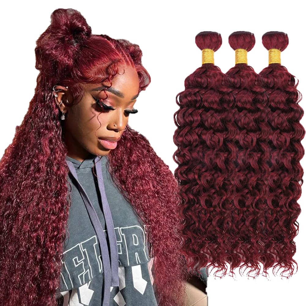 #99J Burgundy Human Hair Bundles Water Wave Bundles 24 24 24 Inch Wine Red Unprocessed Brazilian Virgin Hair 3 Bundle 50 Gram Per Bundle Deals Quick Weave Hair Extensions