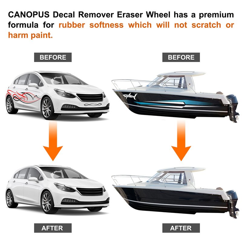 CANOPUS Decal Remover Eraser Wheel - Adhesive, Pinstripe, Sticker, Vinyl Removal Tool Kit for Cars, RVs, Boats - 4 inch Rubber Pad with Drill Adapter