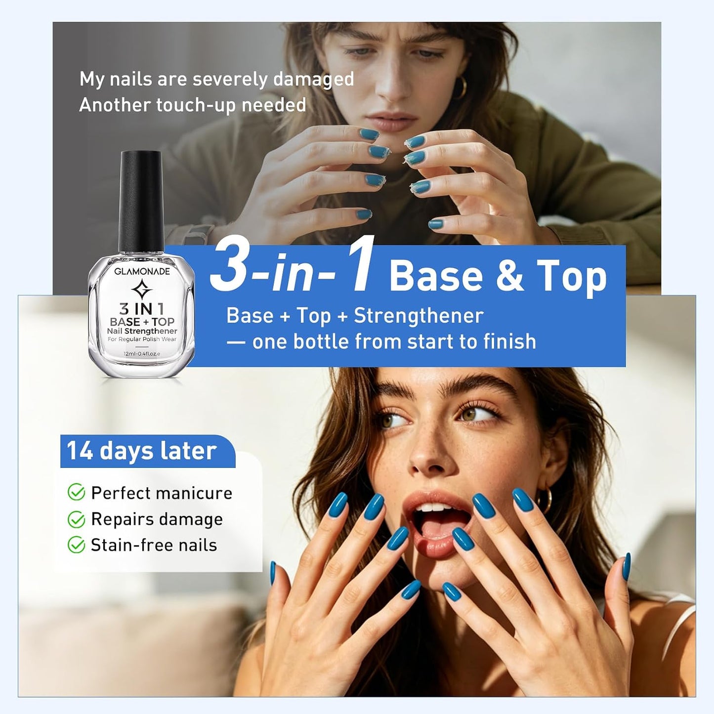 Glamonade 3-In-1 Clear Nail Polish - Quick Dry Top Coat & Nail Strengthener | 12ml High Gloss Finish
