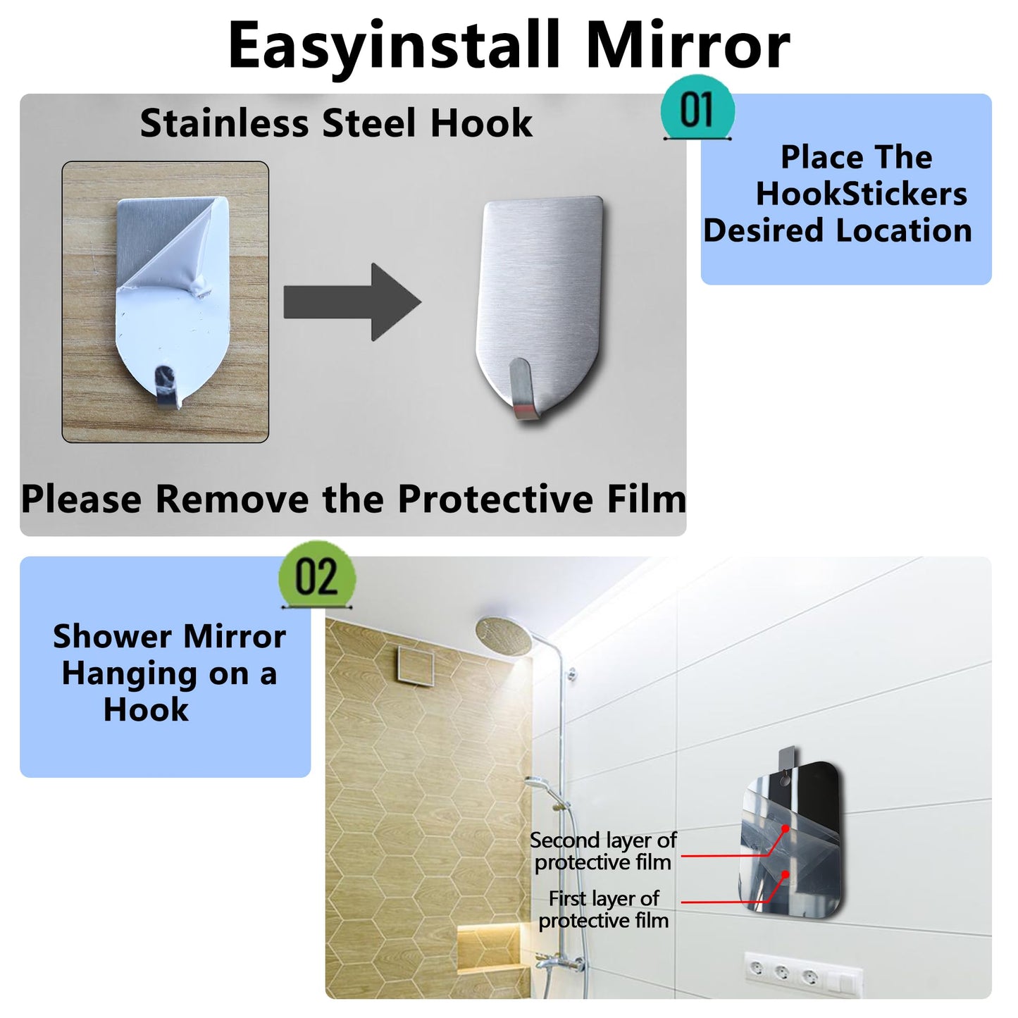 JEIAKONJI 2 Pack Shower Mirror for Shaving, Shower Mirror for Shaving Men(Lager 10.7 x 8 Inch); Small Wall Mirrors for Showers, Shatterproof Plexiglass Makeup Mirrior, Travel Camping Showers Mirrors