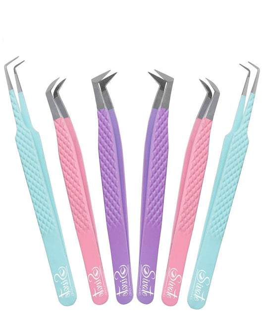 SIVOTE Lash Tweezers for Eyelash Extensions, Set of 6 - Volume, Volume Boot, Slim 90 Degree Tweezers with Fiber Tips in Pastel Colors, Ideal for Mega, Volume & Russian Lashes - Includes Leather Pouch