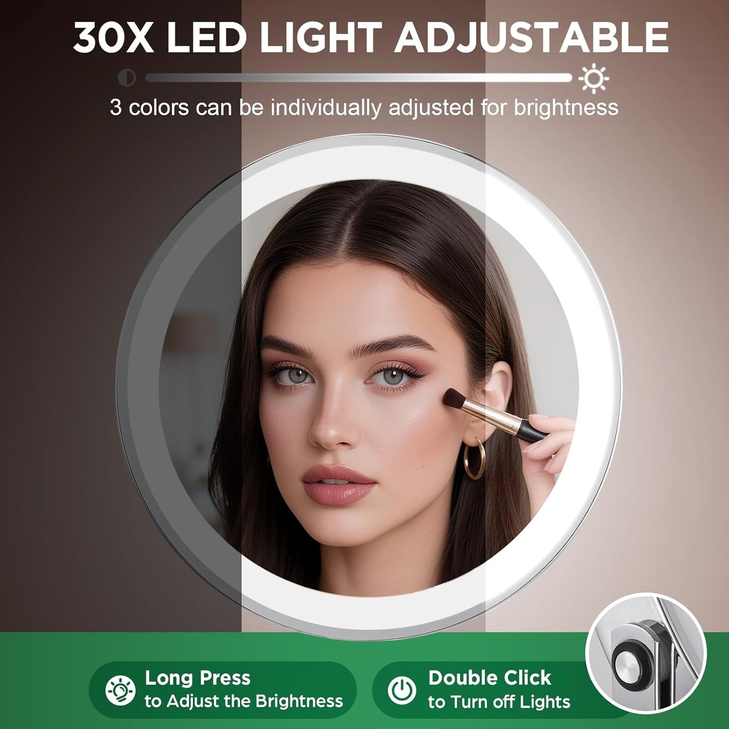 Lighted 30x Magnifying Makeup Mirror - Adjustable Brightness, 3 Color Modes | 5000mAh Rechargeable, 360° Rotation