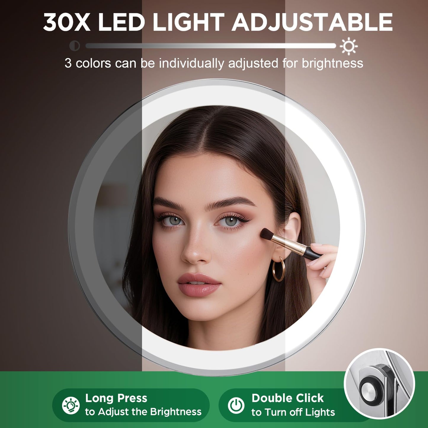 30x Magnifying Mirror, Chrome Lighted Makeup Mirror with 3 Colors Modes