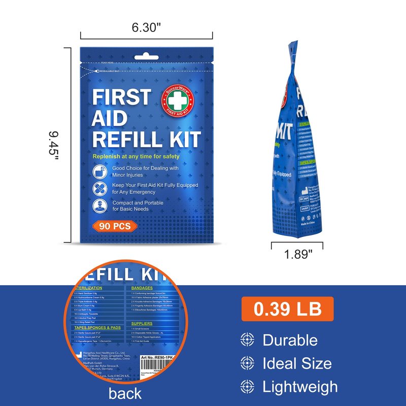 SuccorWare 90 Pieces First Aid Refill Kit - Wound Care Kit Includes Bandages for Home, Travel, Hiking - Portable Replacement Kit for First Aid Medical Supplies（1 Set）