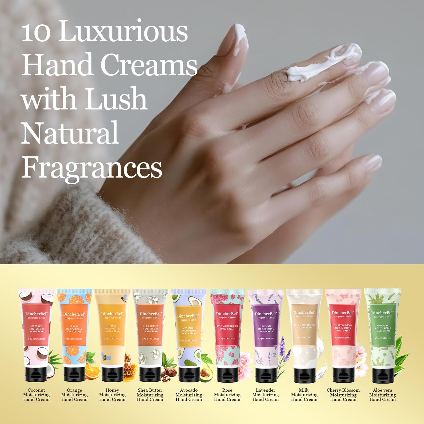 DincherBel 10 Pack Travel Hand Cream Set 30ml - Dry Skin Instant Moisturizer Gift Set