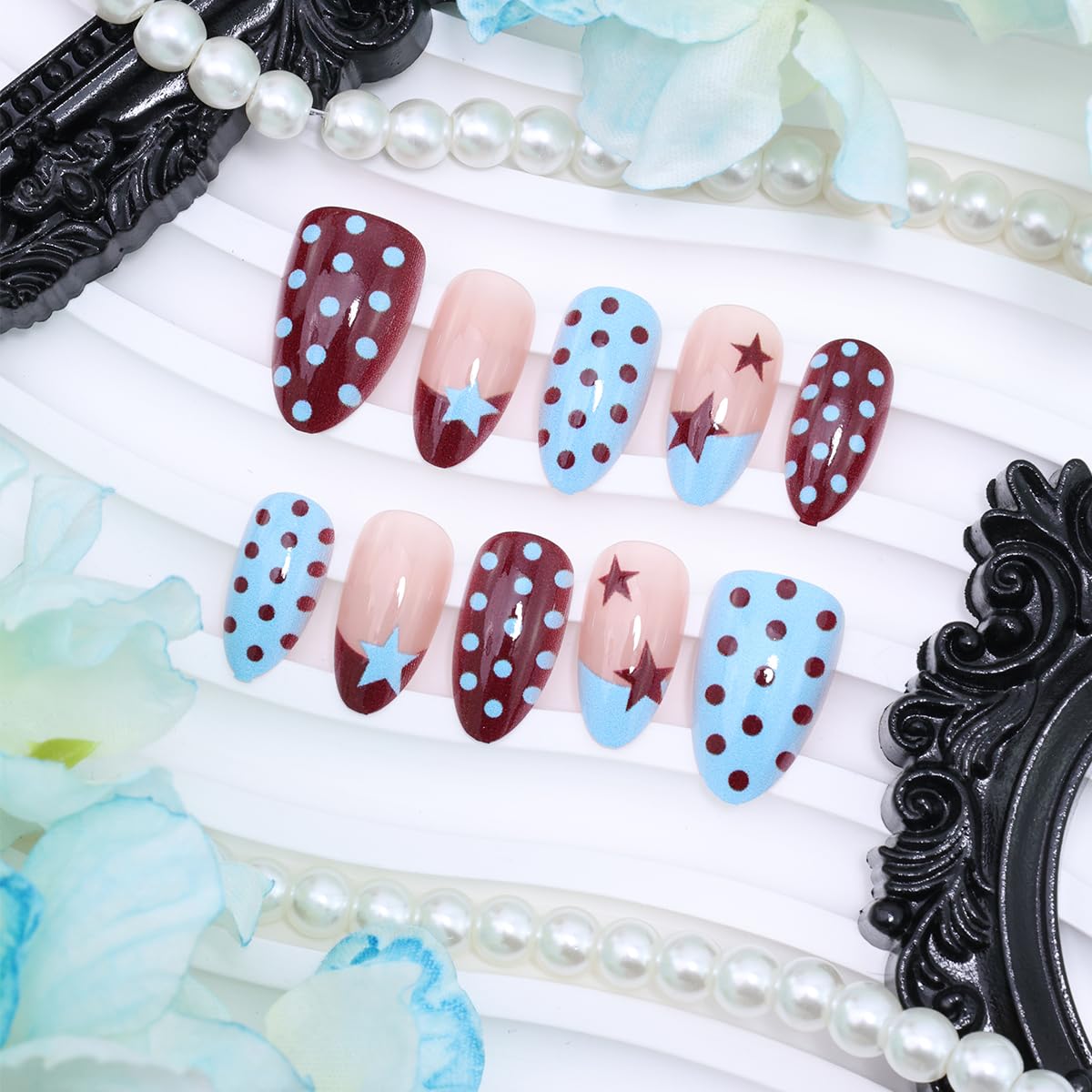30Pcs 4th of July Press on Nails Almond Shape Patriotic Star Polka Dot False Nails Red Blue French Tip Fake Nails Reusable Acrylic Nail Tips Stick on Nails for Women Party Holiday Manicure Decorations