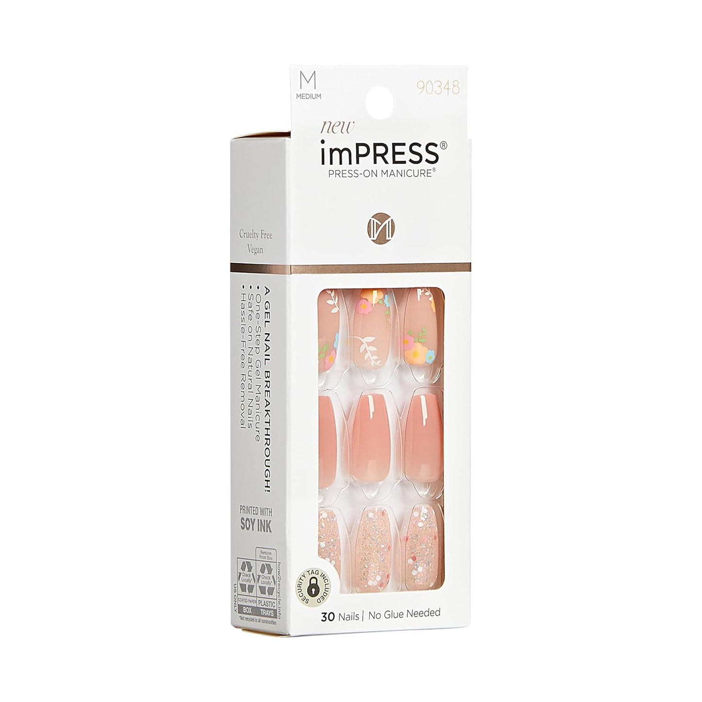 KISS Impress Press-On Manicure - Medium Coffin Shape Fake Nails, Nude Pink with Floral Design | Includes Prep Pad & Mini File