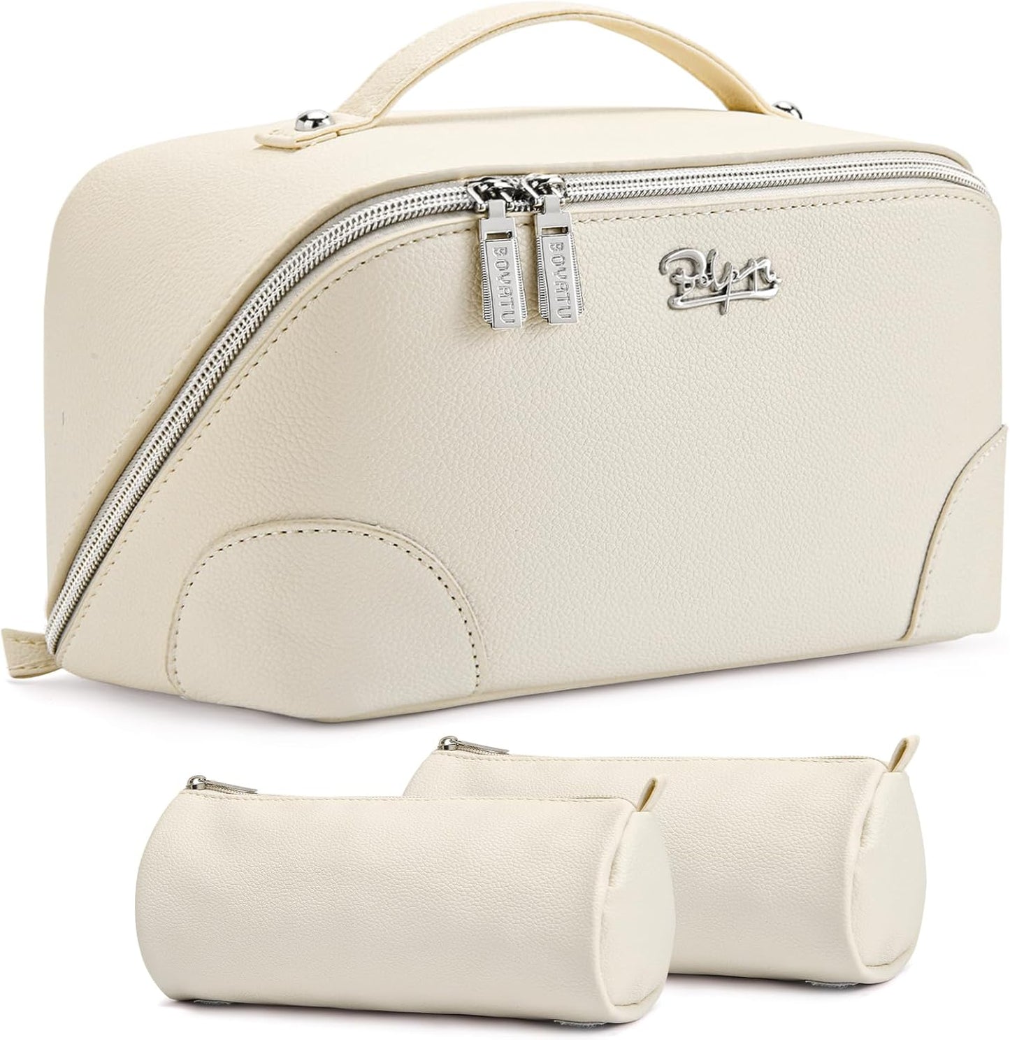 Travel Makeup Bag Set - Large Vegan Leather Cosmetic Organizer with Handle | 3 Pcs Portable Toiletry Bags in Coffee