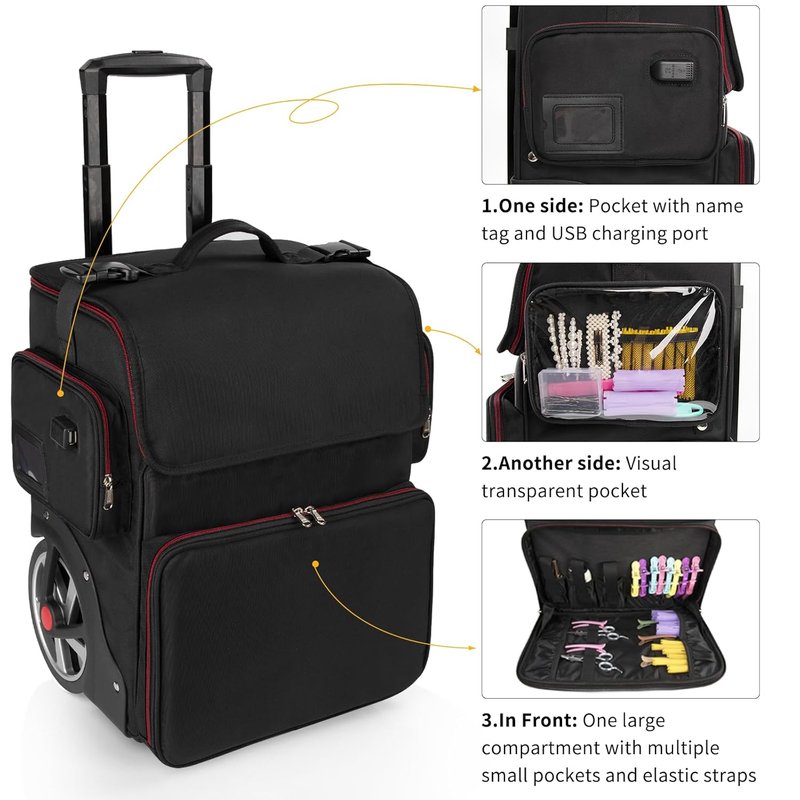 Makeup Train Case - Large Cosmetic Organizer for Hairstylists | Heat Insulation, Detachable Pouch, Trolley with Wheels