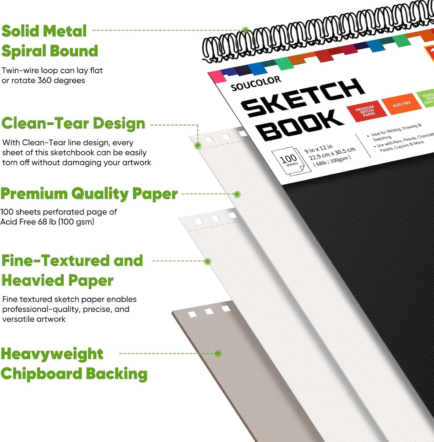 Soucolor Sketch Book - 9" x 12" Top Spiral Bound, 100 Sheets Acid-Free Drawing Paper | Ideal for Kids, Adults & Artists