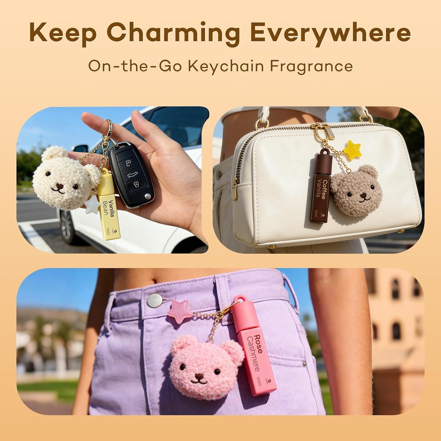 Pheromone Perfume for Women - Rose Cashmere Lychee Scent | Travel-Size Roll-On with Kawaii Bear Keychain, 0.34 fl oz (10ml)