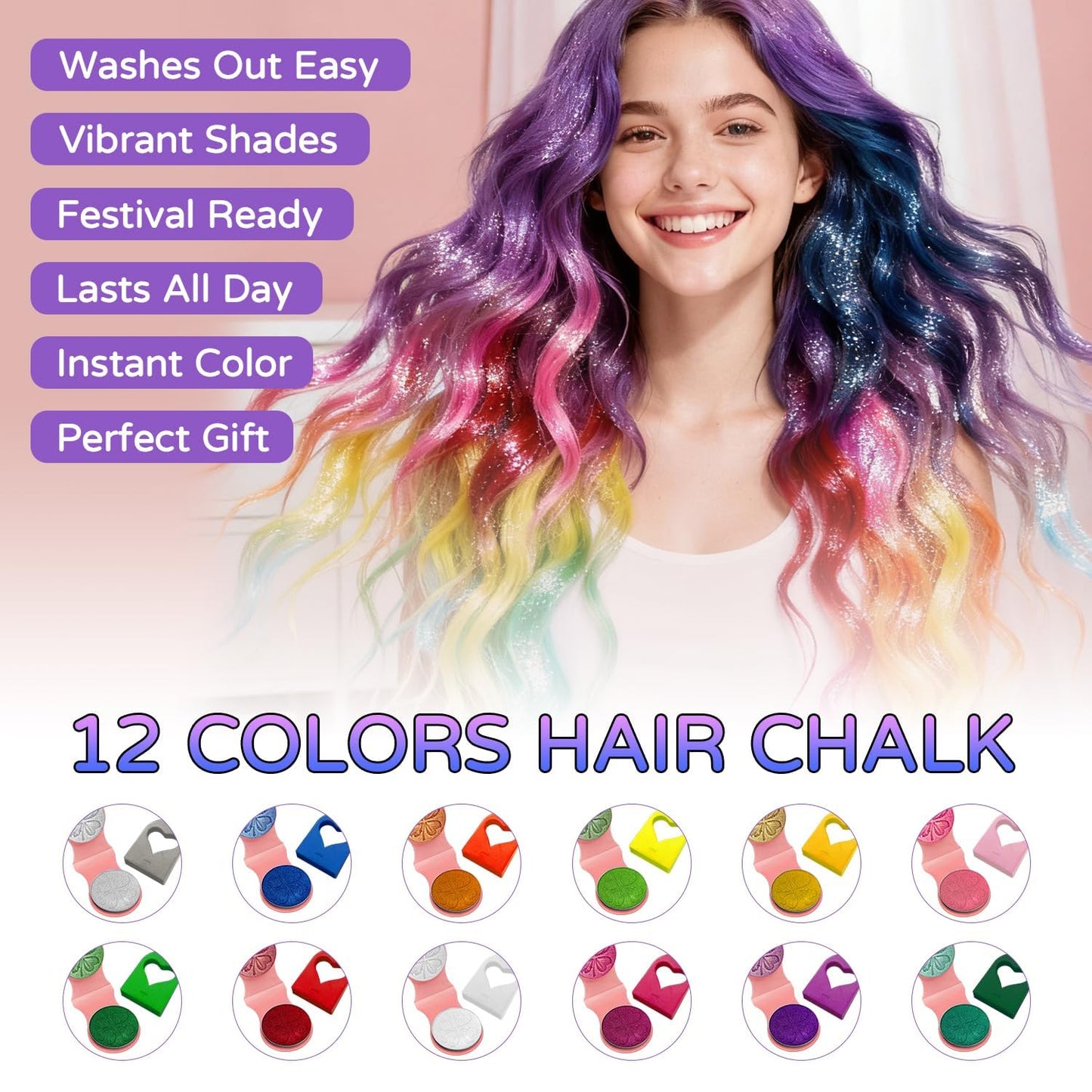Glitter Hair Chalk Set - 12 Vibrant Colors for Temporary Sparkle | Safe, Non-Toxic & Easily Washable - Perfect for Parties & Events