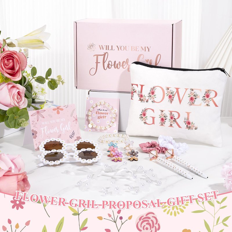 30Pcs Flower Girl Proposal Gift Set, Will You Be My Flower Girl Gift Including Bags Sunglasses Makeup Bag Headband Bracelet Diamond Pen Hair Accessories Card for Wedding Engagement Bridal Shower Party