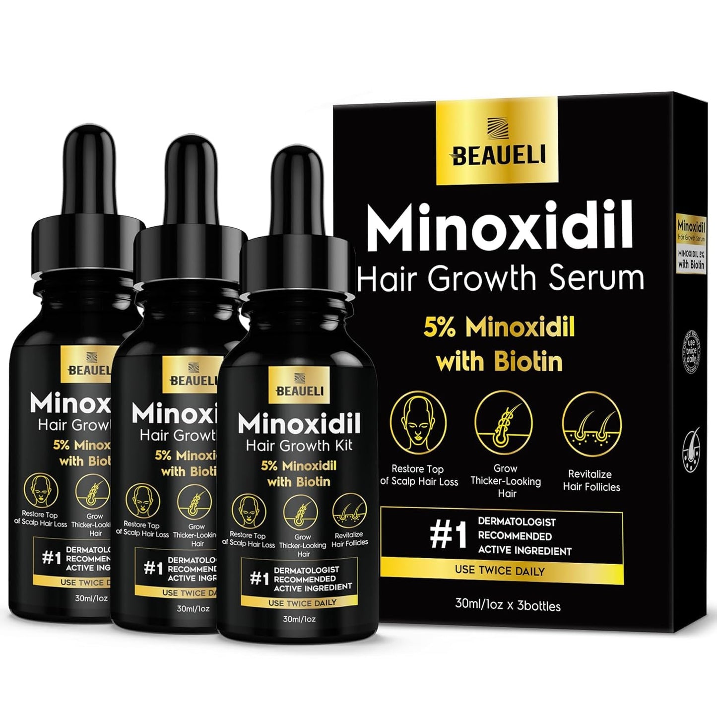 Beaueli 5% Minoxidil for Hair Growth | Unscented Hair & Beard Regrowth Drops, 3 Fl Oz (3 Bottles)