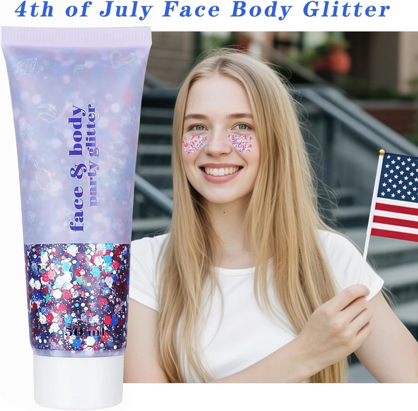 Body Glitter for 4th of July - Red, White & Blue USA Flag Face Makeup | Holographic Chunky Sequins for Women & Kids