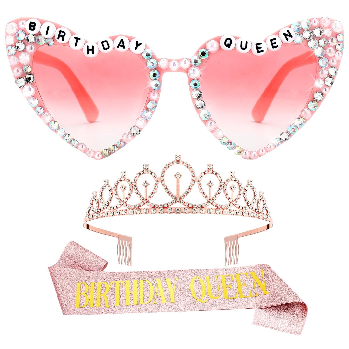 Loetere 3 Pcs Birthday Queen Sash and Crown with Glasses for Women Rhinestone Tiara and Glasses Queen Sash Accessories Set Birthday Party Favors for Party Birth Anniversary