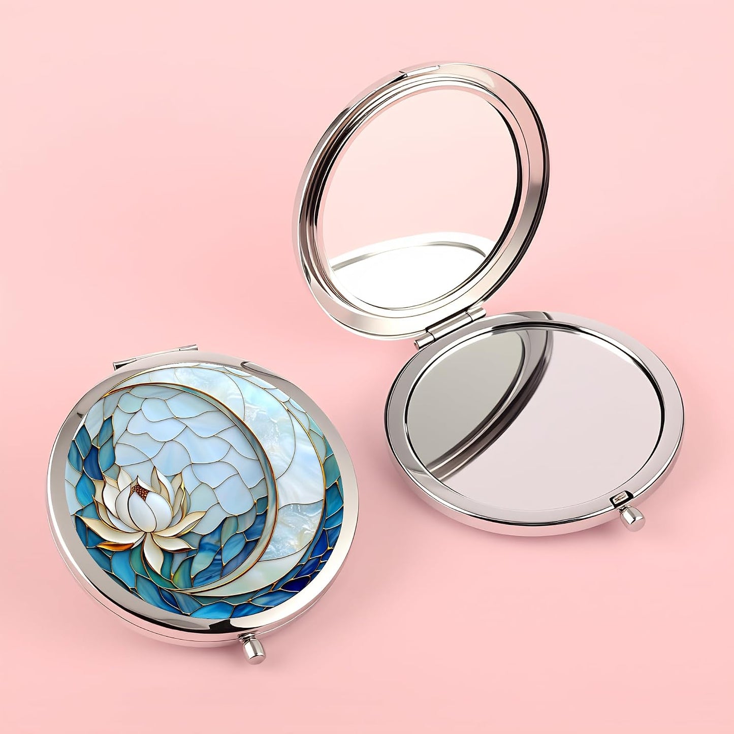 Compact Double-Sided Makeup Mirror - Silver Folding Design with Blue Lotus Moon | 2.8x2.8 Inch Gift for Women