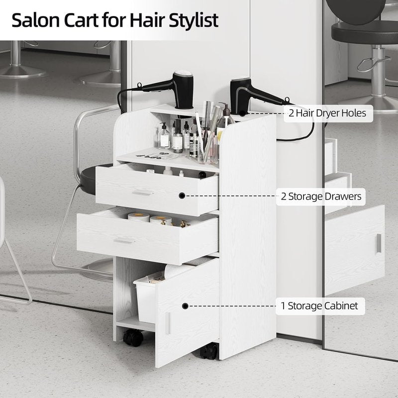 Salon Station for Hair Stylists - Mobile Organizer Trolley Cart with Wheels | White Beauty Barber Station
