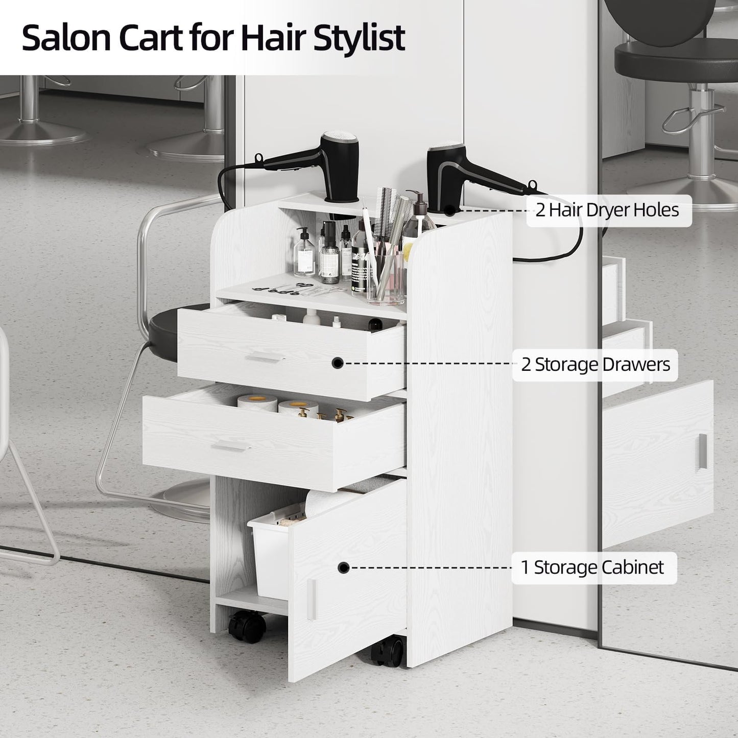 4ever2buy Salon Station for Hair Stylist, White Beauty Barber Station, Salon Trolley Cart with Wheels, Mobile Organizer for Salon, Spa, Barbershop, Nail & Beauty Tools, White