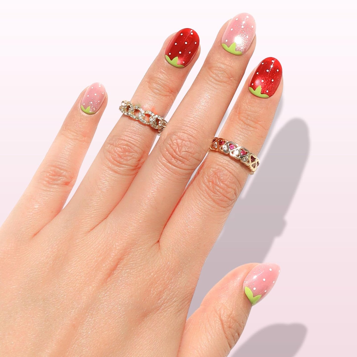 Nail Reformation Press On Nails, Strawberry Candy | Red & Pink Extra Short Round Fake Nails with Velvet Cat Eye Shimmer, Reusable Stick On Nails Kit - 32 Pcs in 16 Sizes, Manicure Gifts for Women