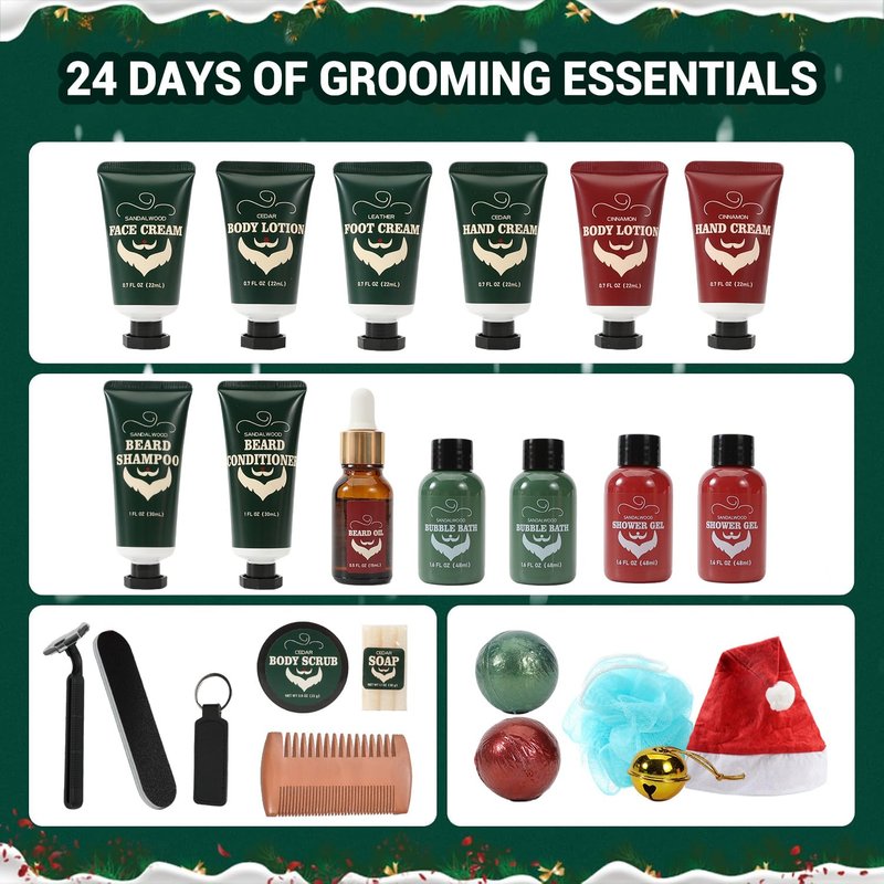 Advent Beauty Calendar for Adults 2025 Rinse & Robust Beard Care Kit Christmas Gifts for Men Skincare Beauty Advent Calendar for Men Christmas 24 Days Countdown Calendar Beard Care Grooming