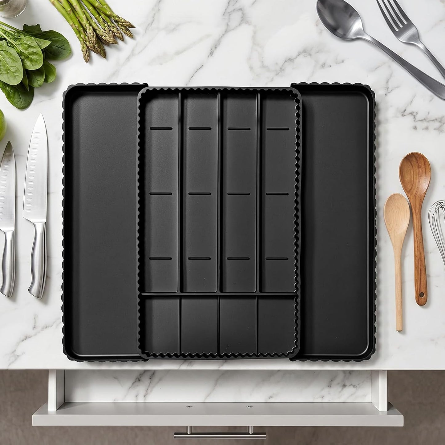 Expandable Silverware Organizer - Adjustable 7-Compartment Cutlery Tray | Heat-Resistant Silicone, Black - 50% Larger Capacity