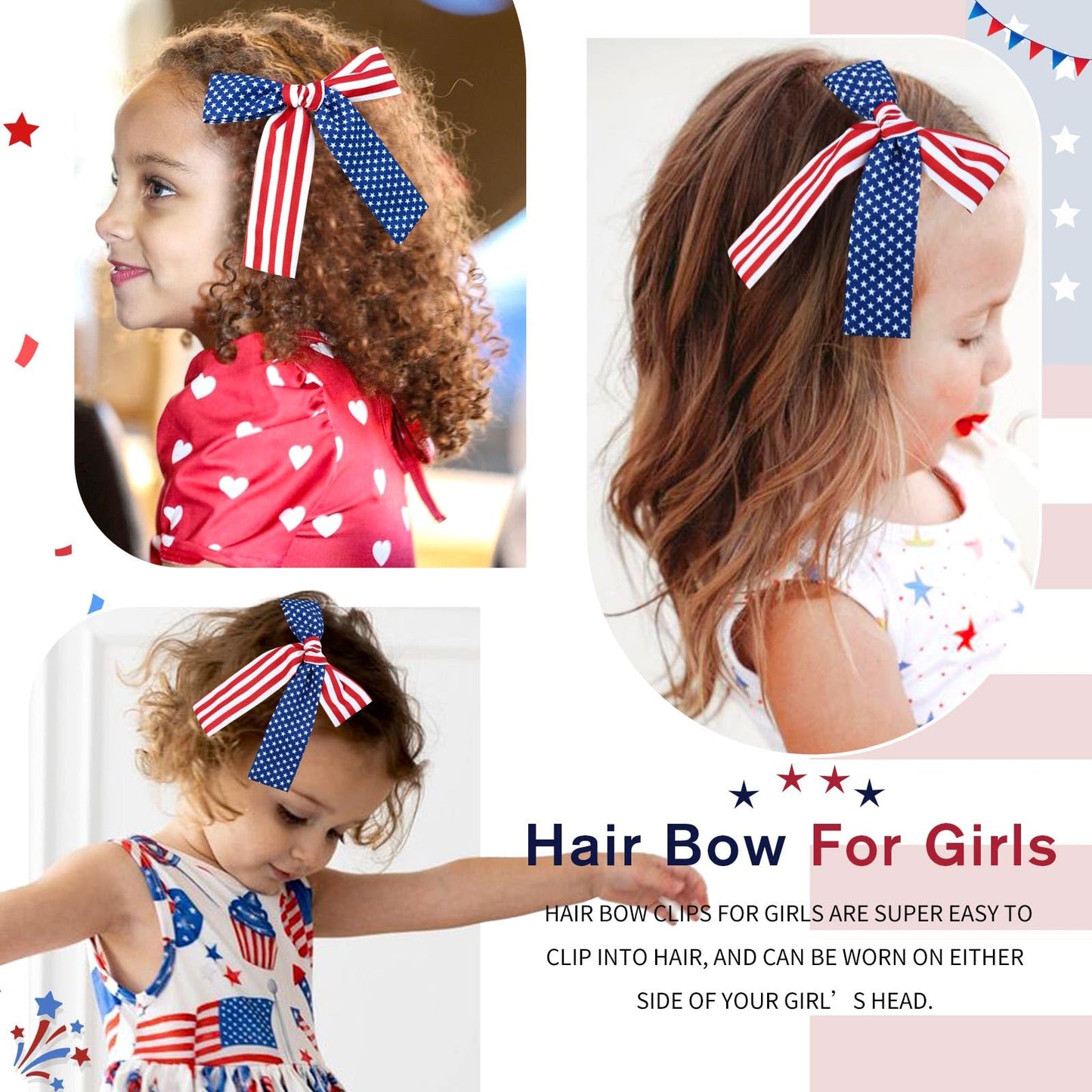 NCMAMA 2PCS 4th of July Hair Bows for Girls, Patriotic Hair Bow Clips for Independence Day, American Red White and Blue Hair Accessories, Hair Barrettes for Toddler Children Kids (American Flag-A)
