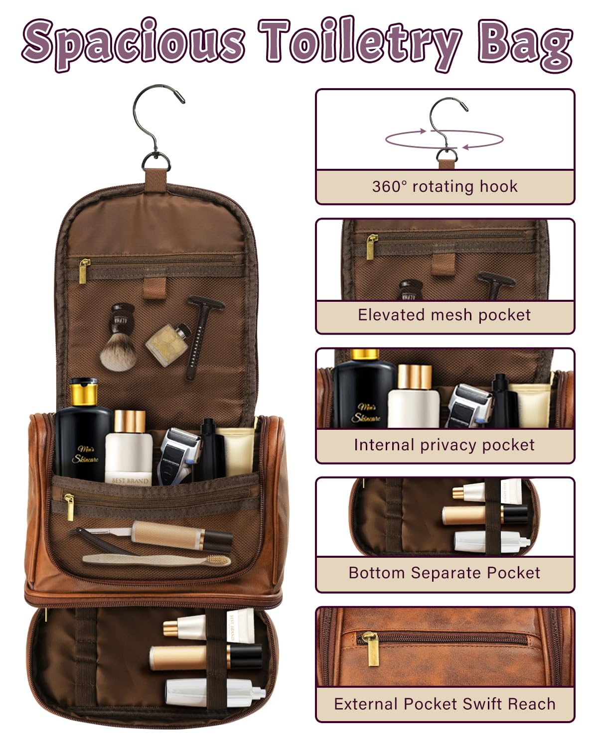 PUREFLY Personalized Toiletry Bag for Men, Gifts for Men, Him, Custom Leather Handcrafted Hanging Travel Shaving Kit Bathroom Organizer Cosmetic Bags with Hook, Engraved with Name & Initial