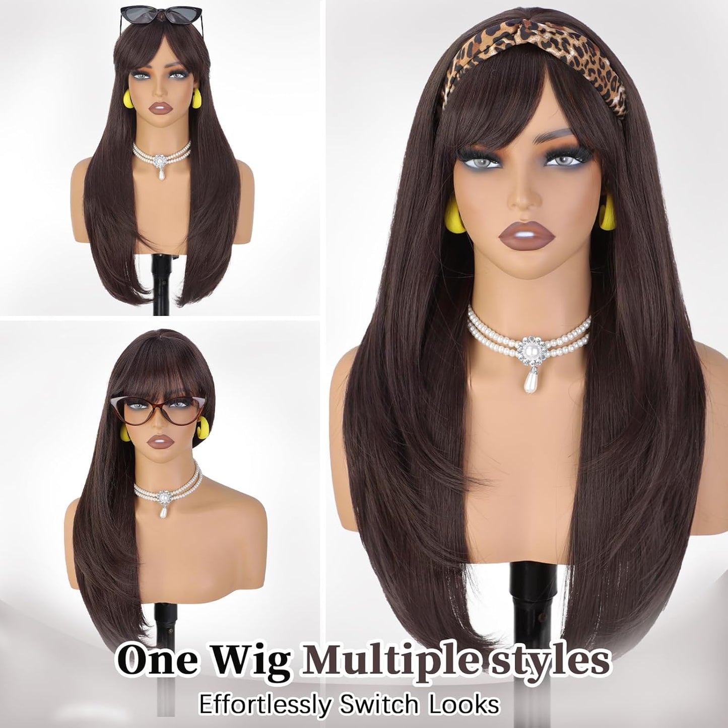 Brown Wig with Bangs for Women - 4x4 Realistic Scalp, Heat Resistant, 26 Inch Long Layered Synthetic Wig | Natural Dark Brown for Daily Use & Cosplay