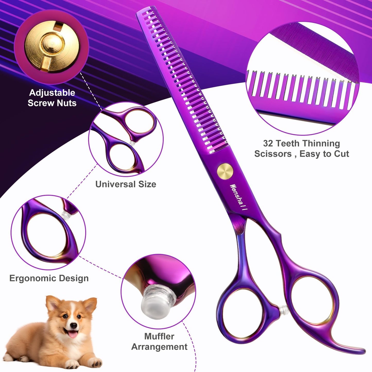 Wenshall Professional Dog Grooming Scissors Set, 7.0 Inch Titanium Straight & Thinning & Curved scissors and Comb for Dog grooming (Purple)