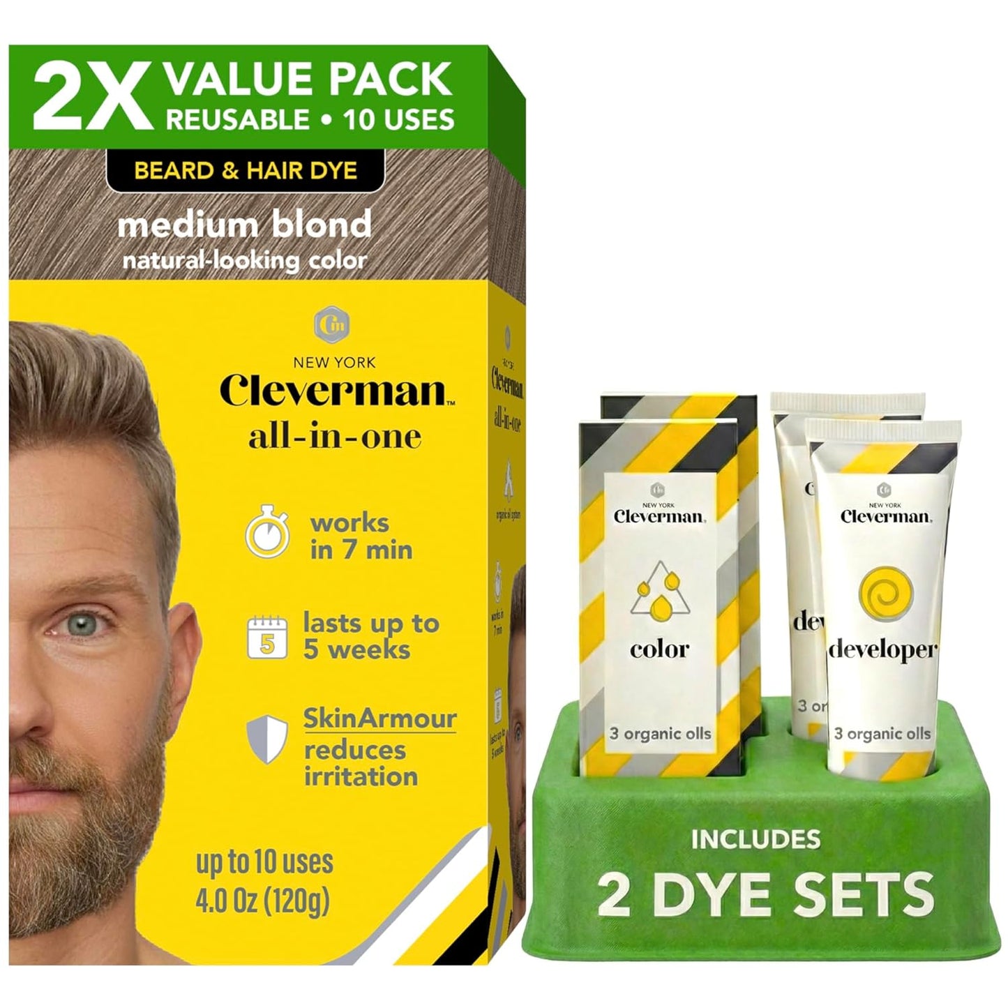 Cleverman Reusable Hair & Beard Dye for Men - Light Brown | Natural Gray Coverage, No-Drip Cream, 5 Uses in 7 Minutes
