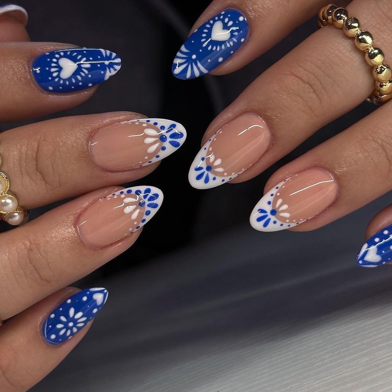 Cat Eye French Tip Press-On Nails - Nude & Pink Short Almond | Reusable Glue-On Nails with Gold Line for Weddings & Parties