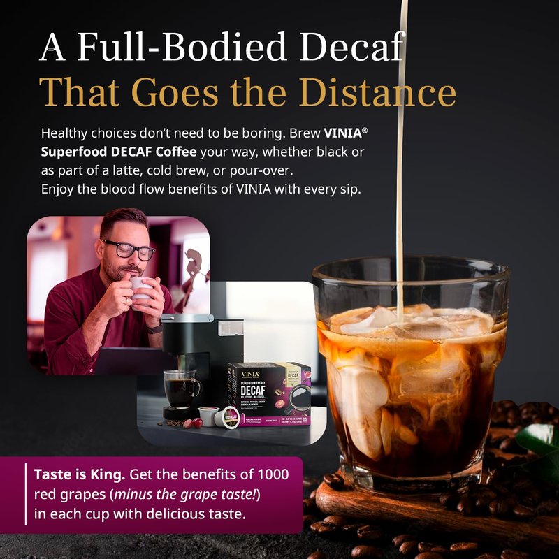 VINIA Decaf Medium Dark Roast Coffee with Red Grape Piceid Resveratrol, Nitric Oxide for Heart Health, Alertness, Physical Energy & Blood Flow Circulation. 30ct K-Cup Pods