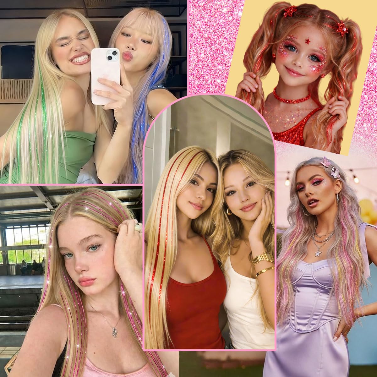 Colorful Hair Tinsel Clips - 18 Pcs 24 Inch Heat Resistant Fairy Hair Extensions | Hot Pink Glitter for Girls & Women