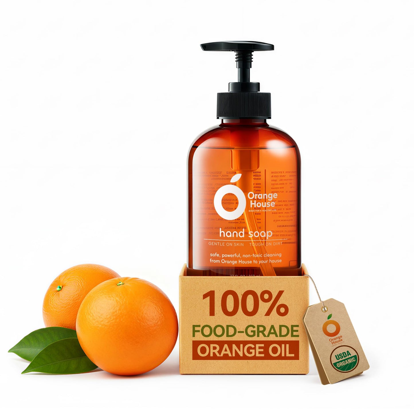 ORANGE HOUSE Natural Liquid Hand Soap, Food-Grade Orange Oil Moisturizing Hand Wash, Plant-Based & Hypoallergenic, Gentle for Sensitive Skin, Non-Toxic Citrus Scented Soap, 12 Fl Oz Pump Bottle