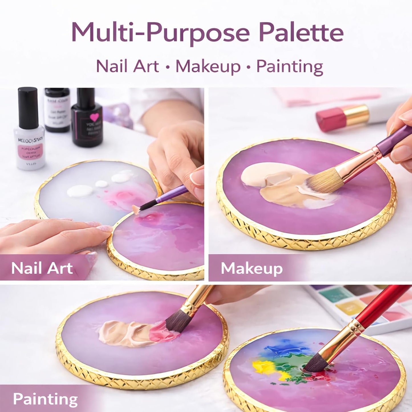 Resin Nail Art Palette - Gel Polish Mixing Board with Gold Edge | White & Purple Color Mixing Tool for Acrylic & Makeup