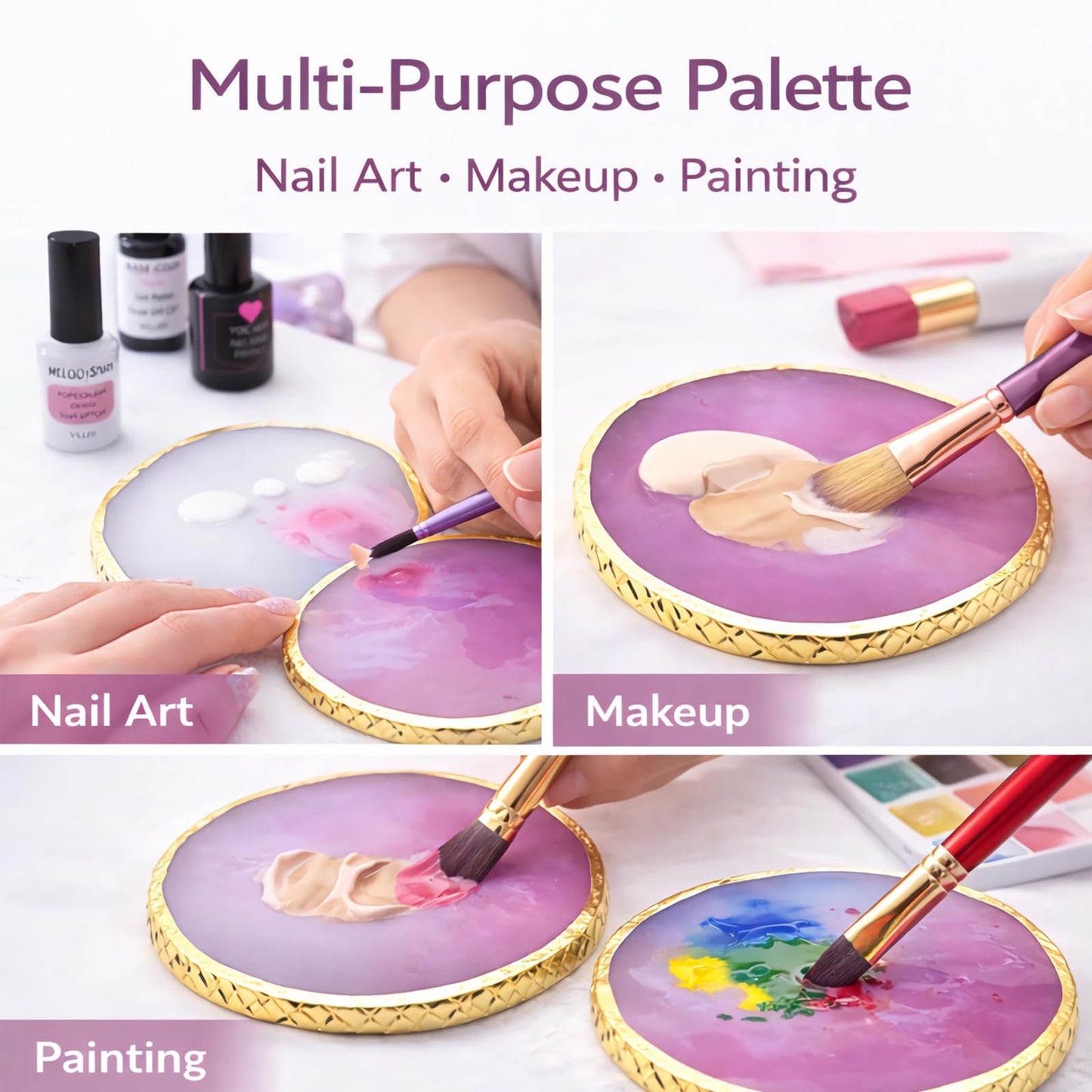 Resin Nail Art Palette for Gel Polish, Nail Mixing Palette with Gold Edge, Nail Polish Color Mixing Board for Acrylic, Gel, Painting, Makeup, Nail Art Tools for Salon and DIY (White+Purple)