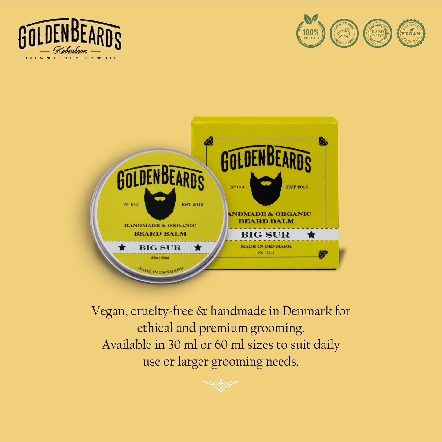 Golden Beards Organic Beard Balm Big Sur – Shea, Cocoa & Argan Butter Blend with Lime & Patchouli Scent – 60ml Vegan Beard Softener & Styling Balm, Handmade in Denmark.